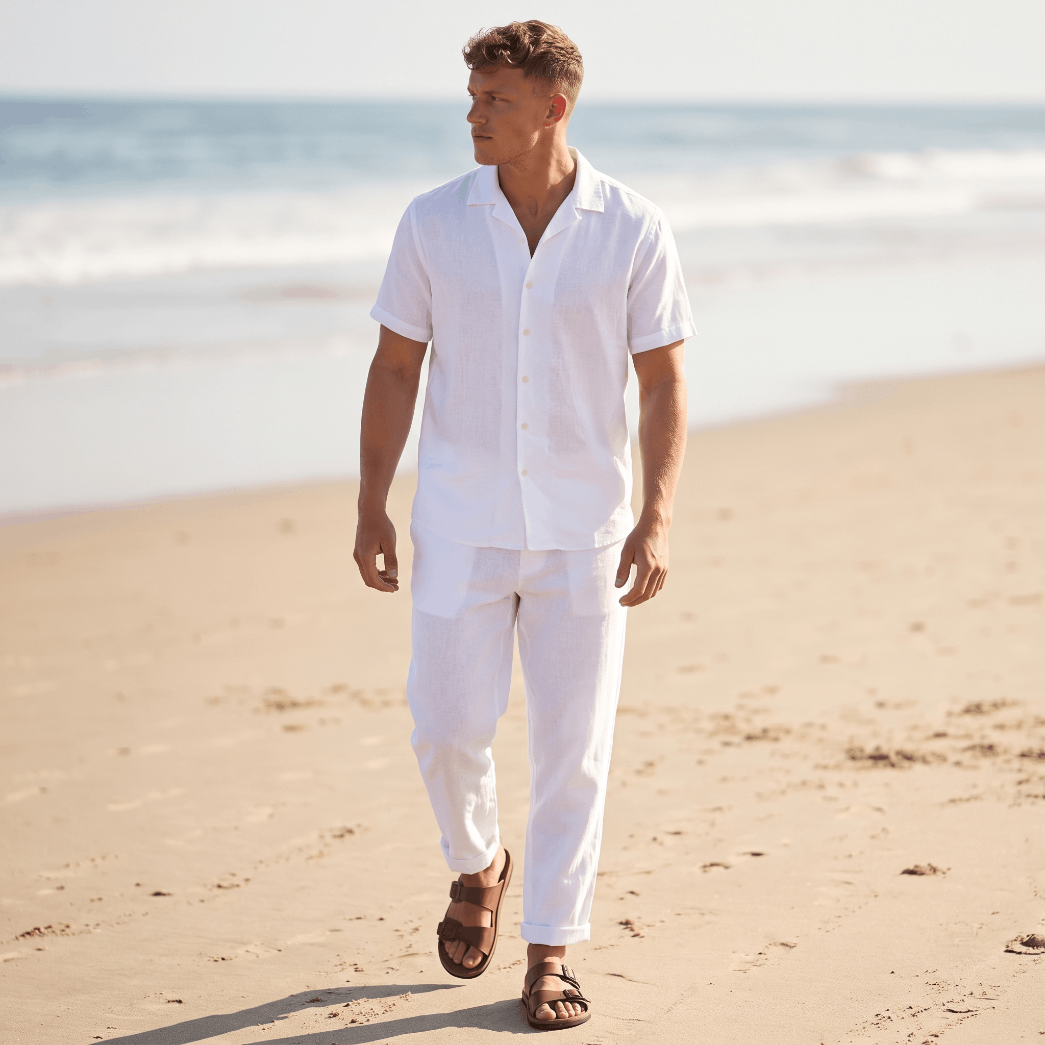 Man walking on a sandy beach wearing white linen pants, a white short-sleeve linen shirt, and brown leather sandals in a coastal setting.