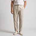 Men's light beige linen pants with a straight-leg fit, belt loops, and classic tailored design.