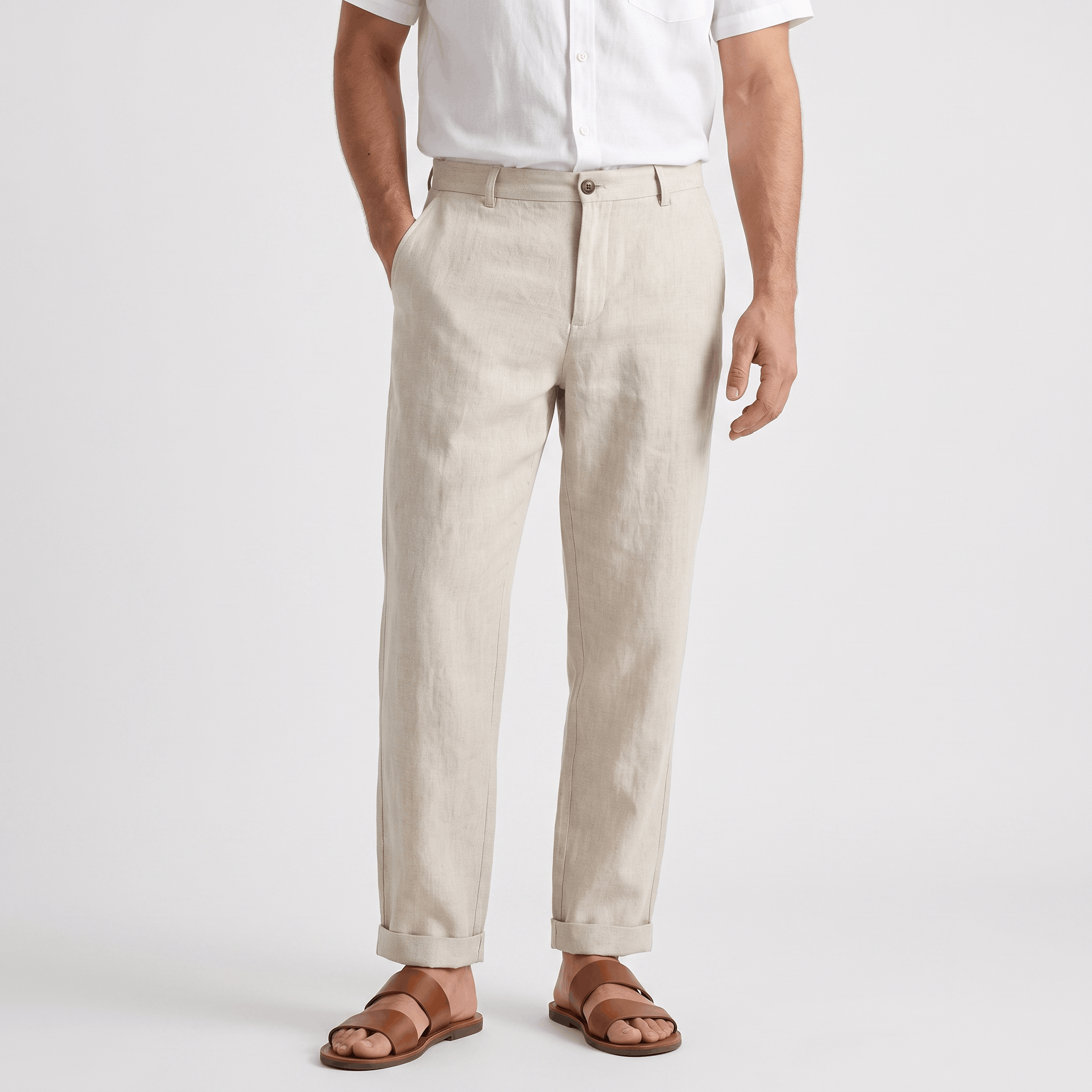 Men's beige linen pants with a straight-leg fit, button closure, belt loops, and side pockets.