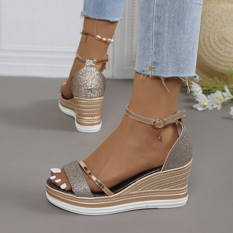 Radiant Sparkle Wedge Sandals for Women – Cushioned Comfort & Ankle Strap Detail 5