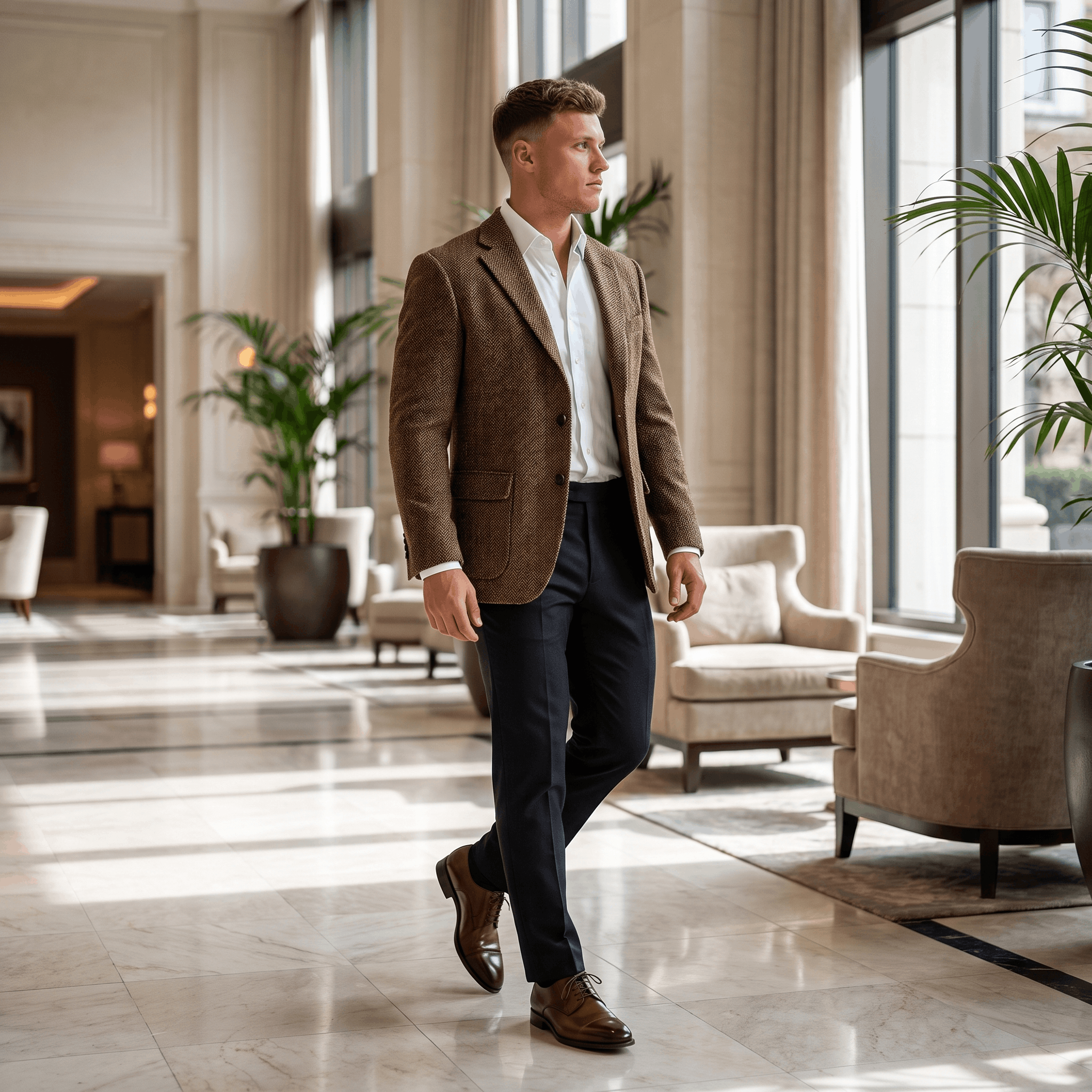 Man wearing a brown tweed blazer over a white dress shirt and black trousers while standing in an elegant indoor setting.