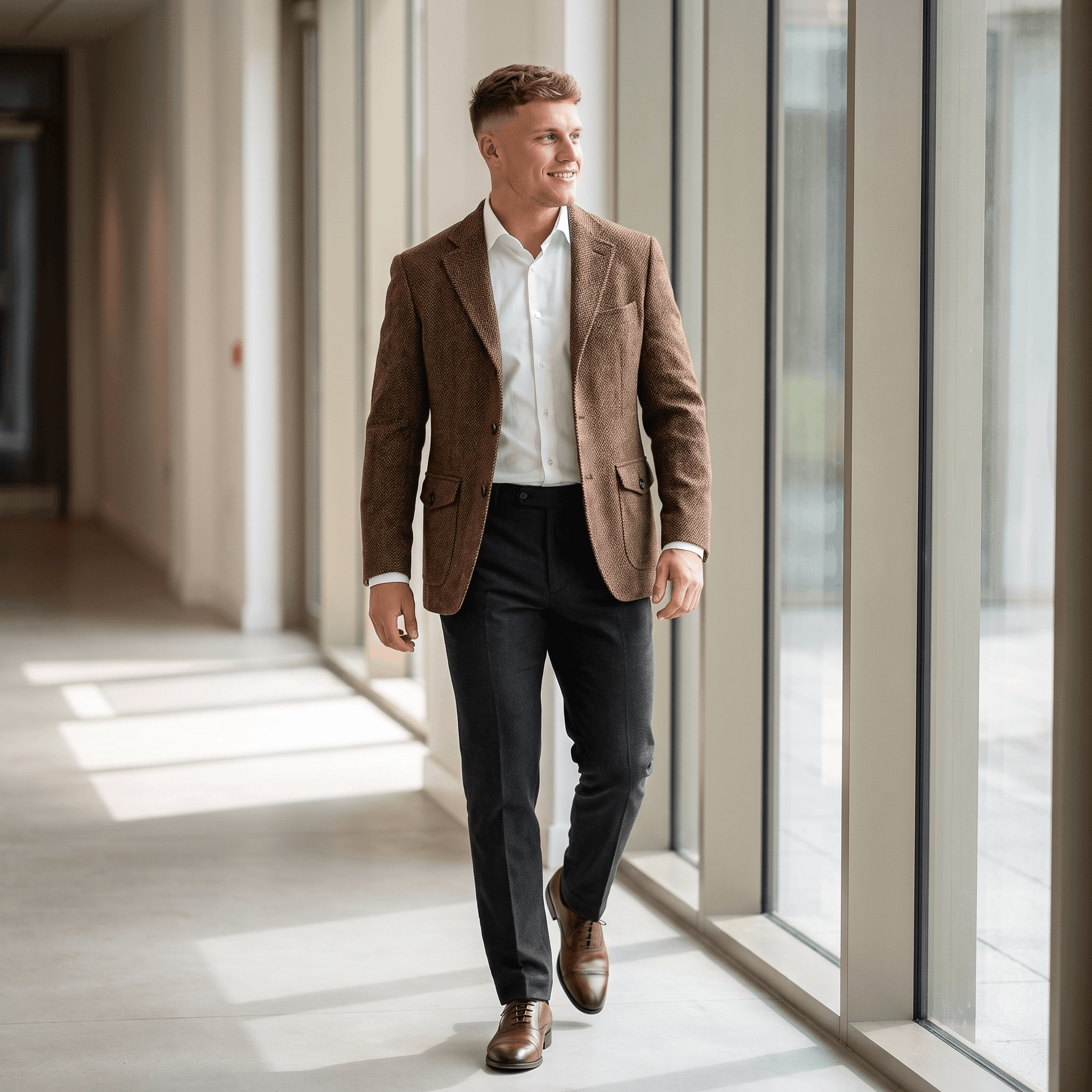 Man wearing a brown tweed blazer, white dress shirt, and black trousers while walking through a bright modern interior.