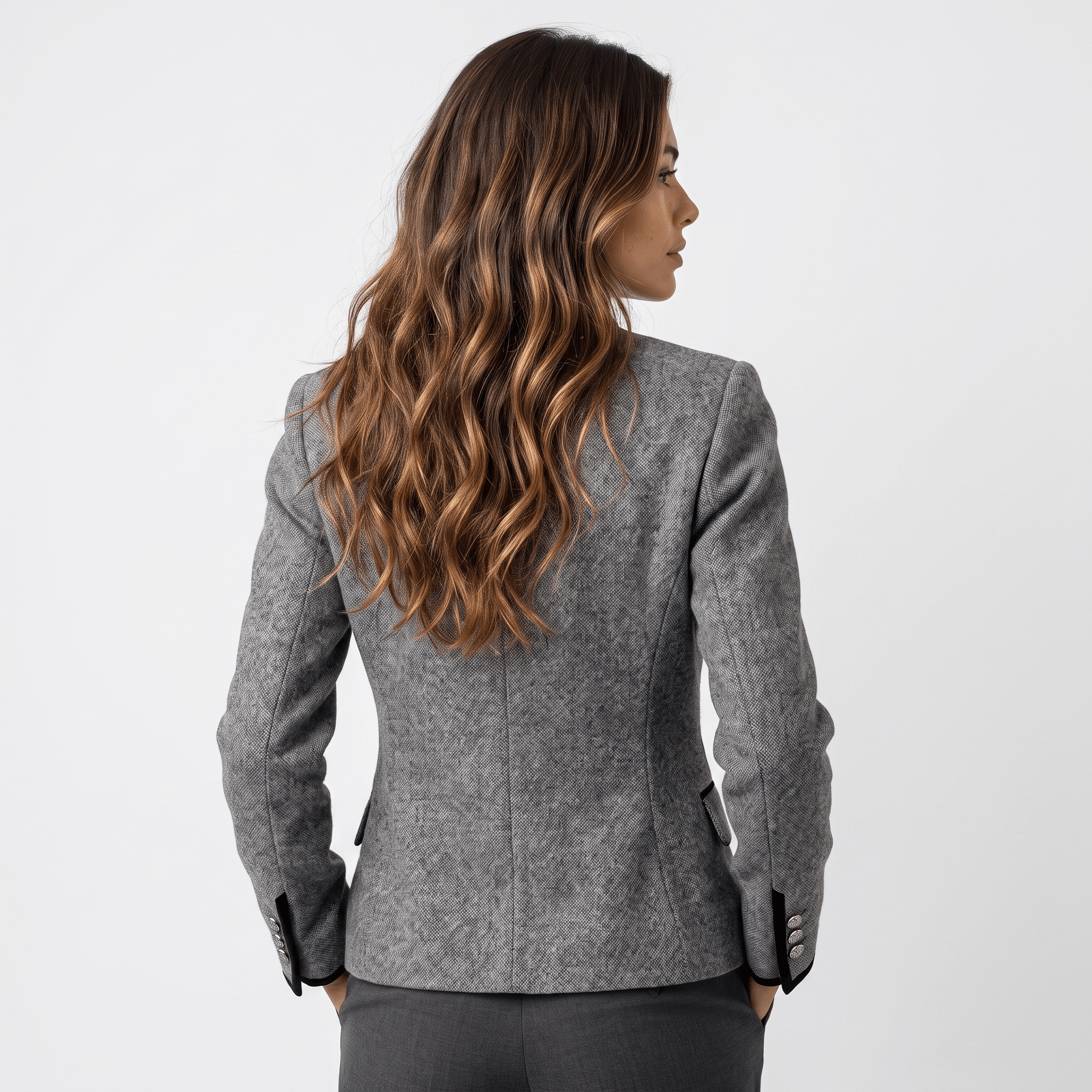 Back view of a woman wearing a gray tweed blazer with a tailored fit and contrasting dark trim.