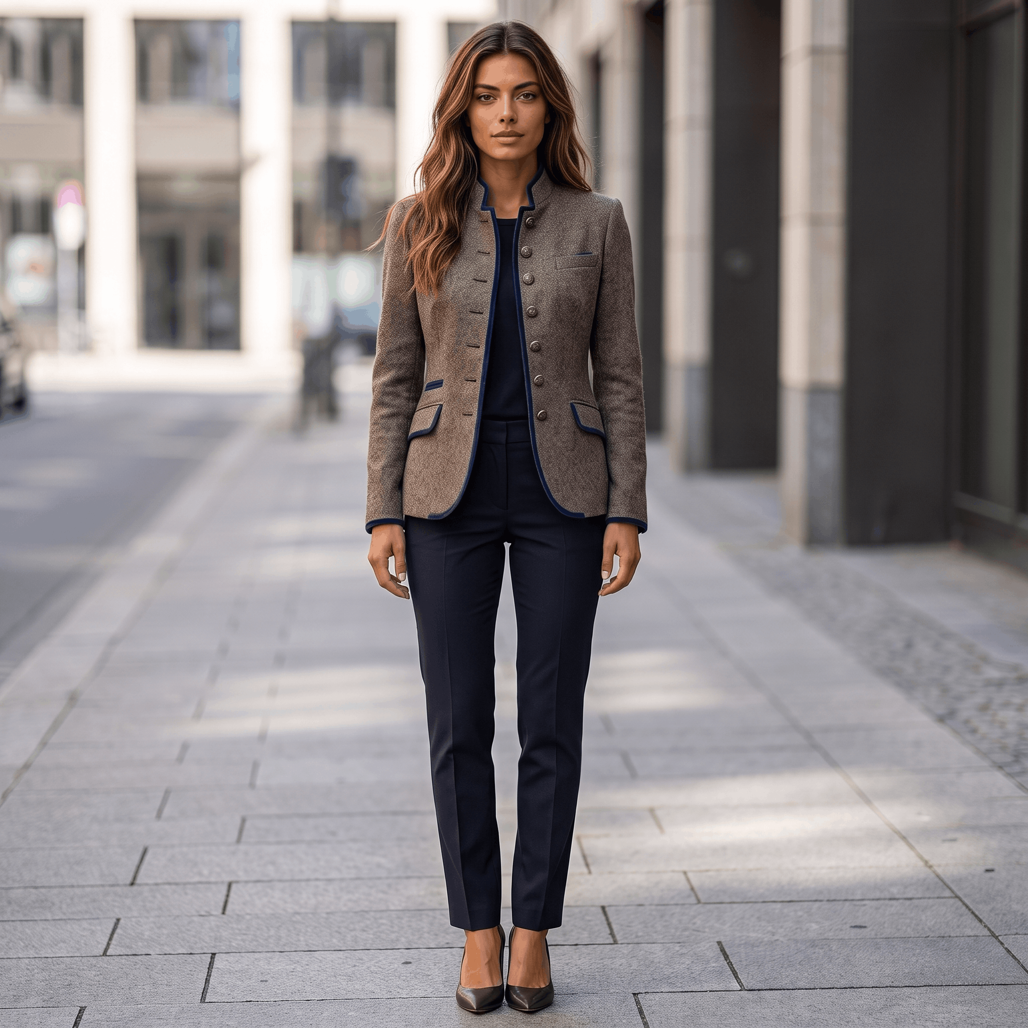 Woman wearing a gray tweed blazer with dark trim, dark trousers, and ankle boots while walking along a city sidewalk.