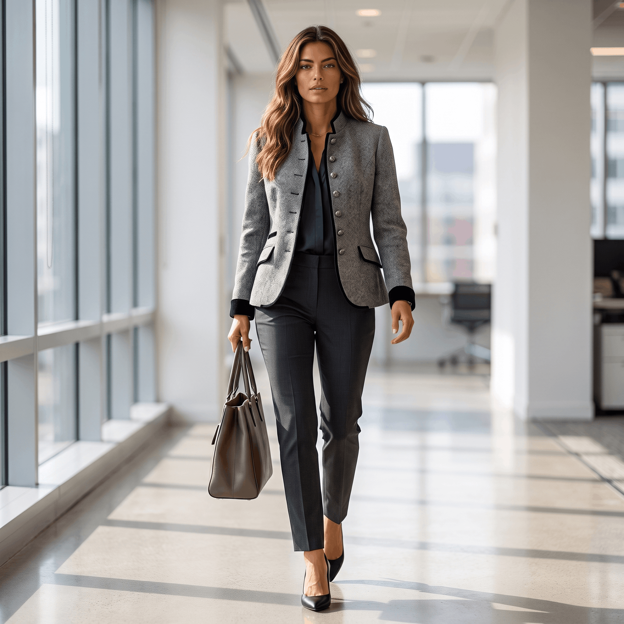 Woman wearing a gray tweed blazer with dark trousers and ankle boots while walking through a bright modern interior.