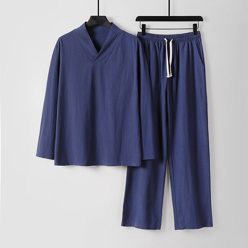 Giancarlo Relaxed Cotton Co-ord Set – V-Neck Lounge Top & Drawstring Pants for Warm-Weather Comfort