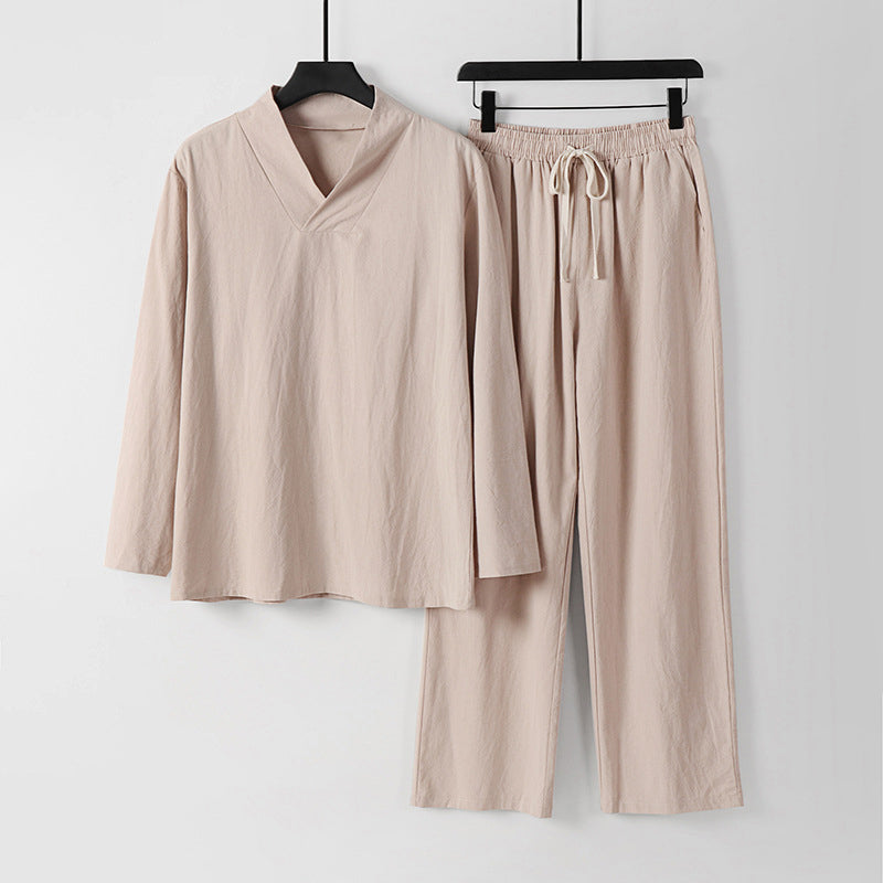 Giancarlo Relaxed Cotton Co-ord Set – V-Neck Lounge Top & Drawstring Pants for Warm-Weather Comfort