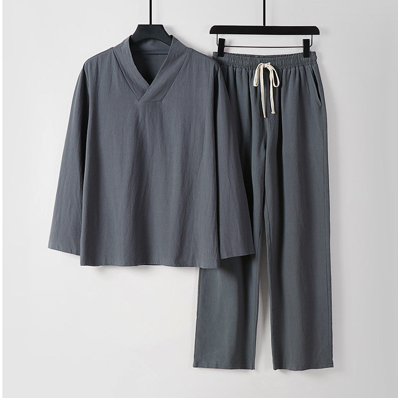 Giancarlo Relaxed Cotton Co-ord Set – V-Neck Lounge Top & Drawstring Pants for Warm-Weather Comfort