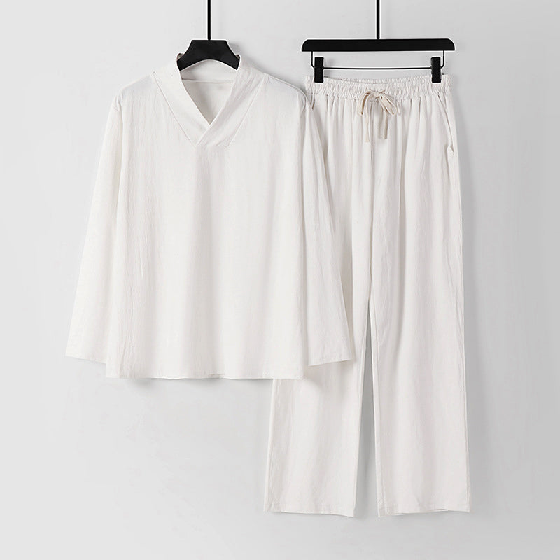 Giancarlo Relaxed Cotton Co-ord Set – V-Neck Lounge Top & Drawstring Pants for Warm-Weather Comfort