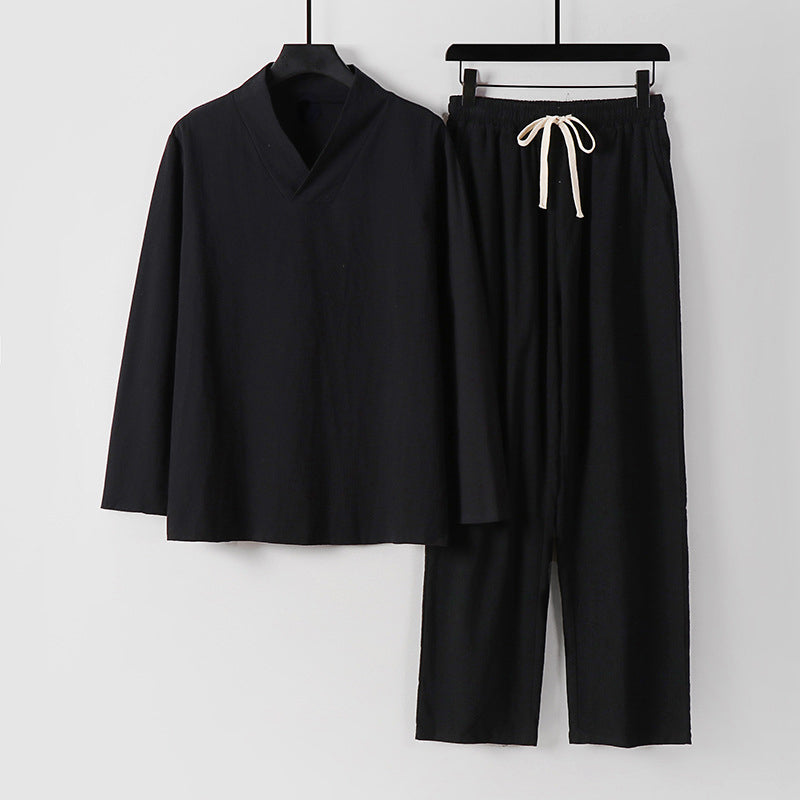 Giancarlo Relaxed Cotton Co-ord Set – V-Neck Lounge Top & Drawstring Pants for Warm-Weather Comfort