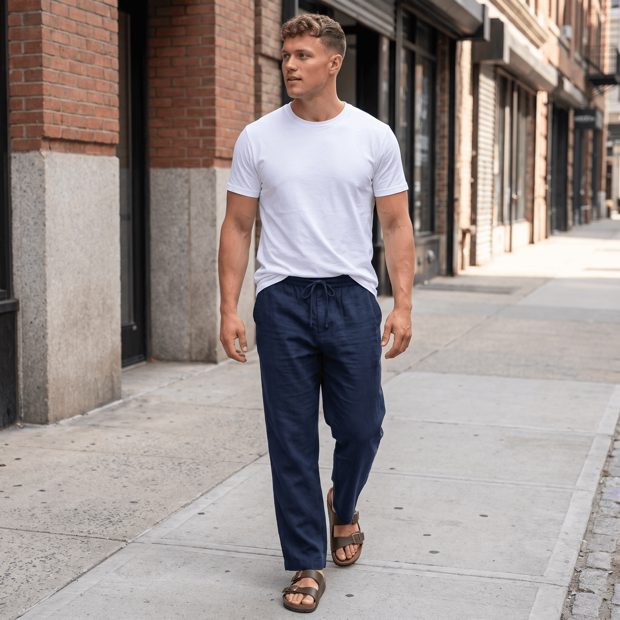 Man wearing navy linen drawstring pants paired with a white T-shirt and brown leather sandals in a city street setting.
