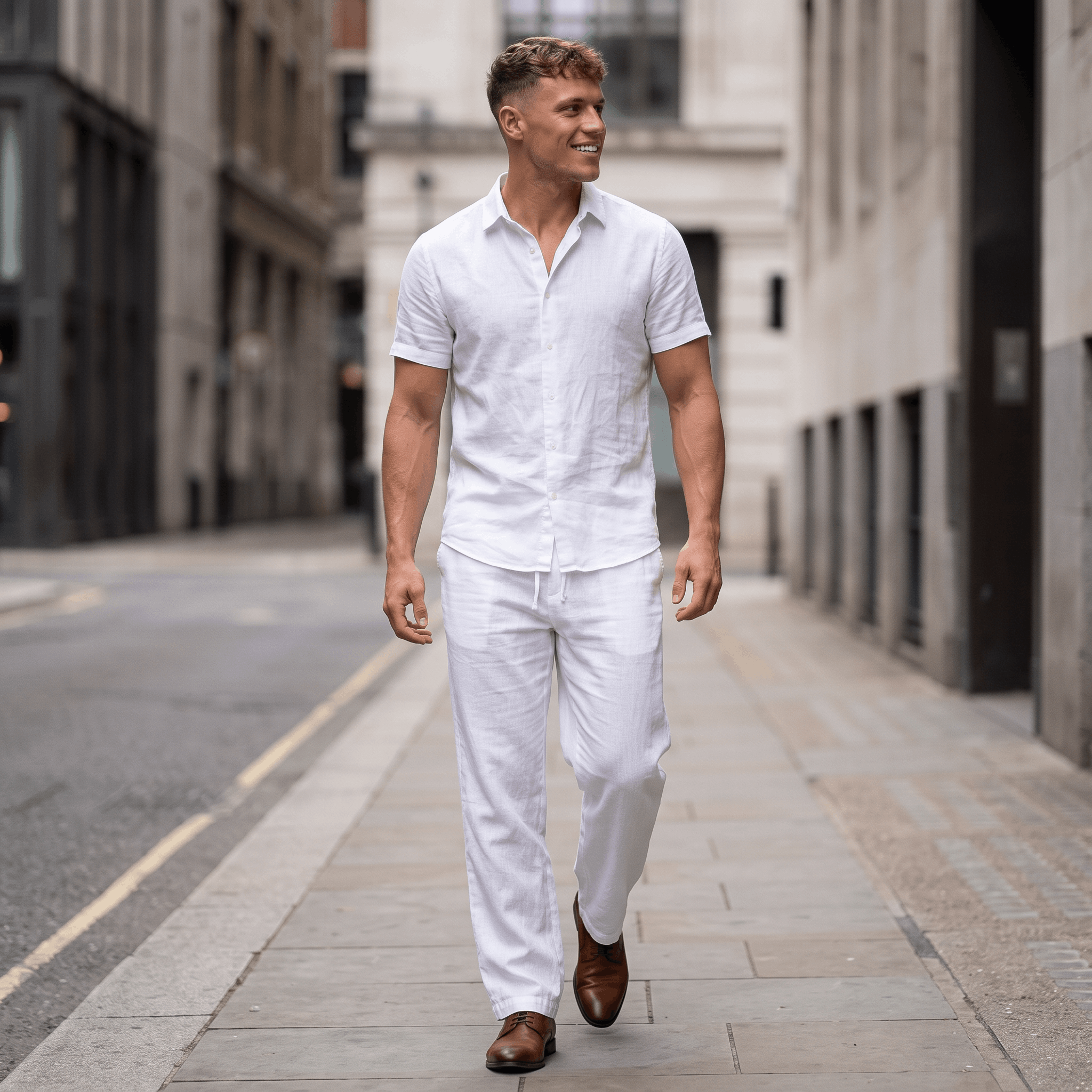 Man wearing white linen drawstring pants with a white linen shirt and brown leather sandals while walking through an urban street.