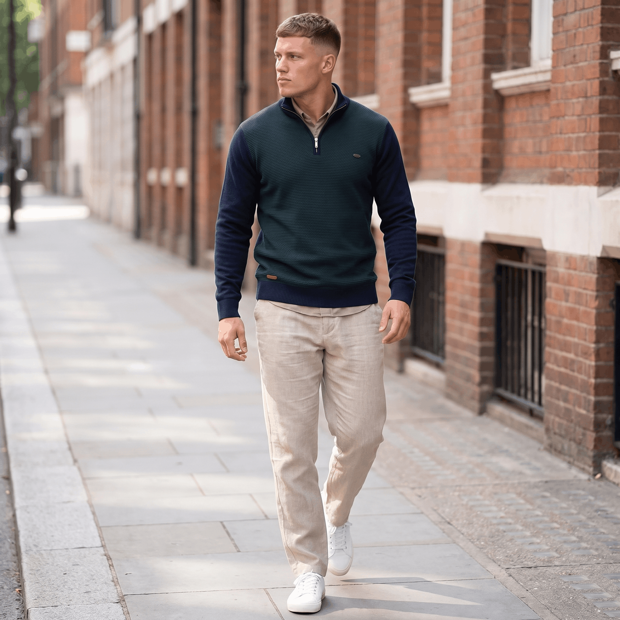 Man wearing a green quarter-zip knit sweater with beige trousers walking in an urban street setting.
