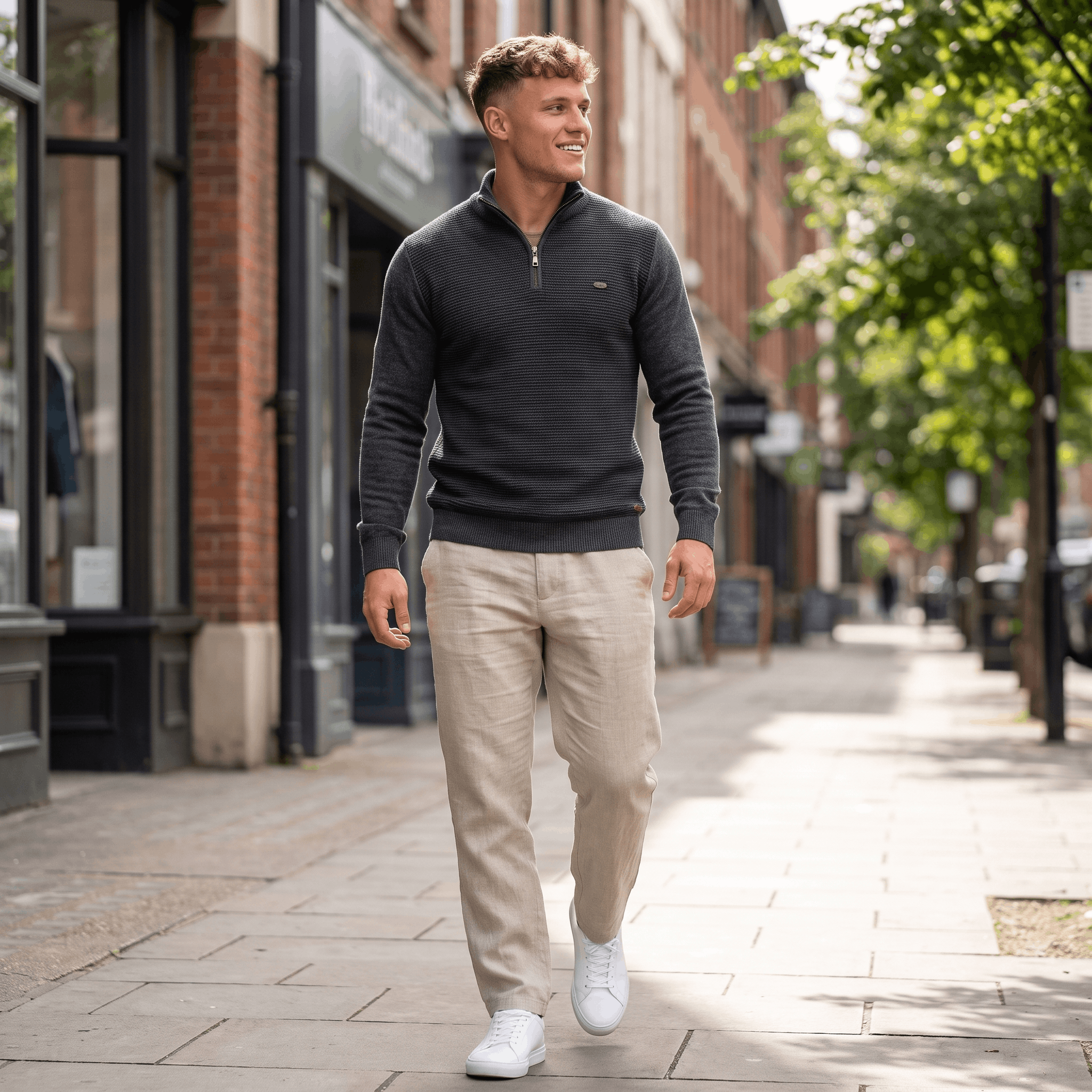 Man wearing a charcoal ribbed quarter-zip sweater paired with beige trousers in a casual city setting.