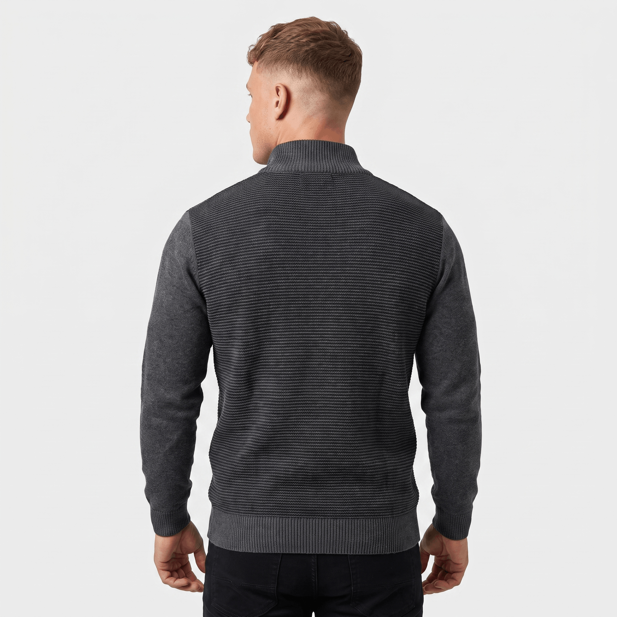 Back view of a men's charcoal ribbed quarter-zip knit sweater with a stand collar and fitted silhouette.