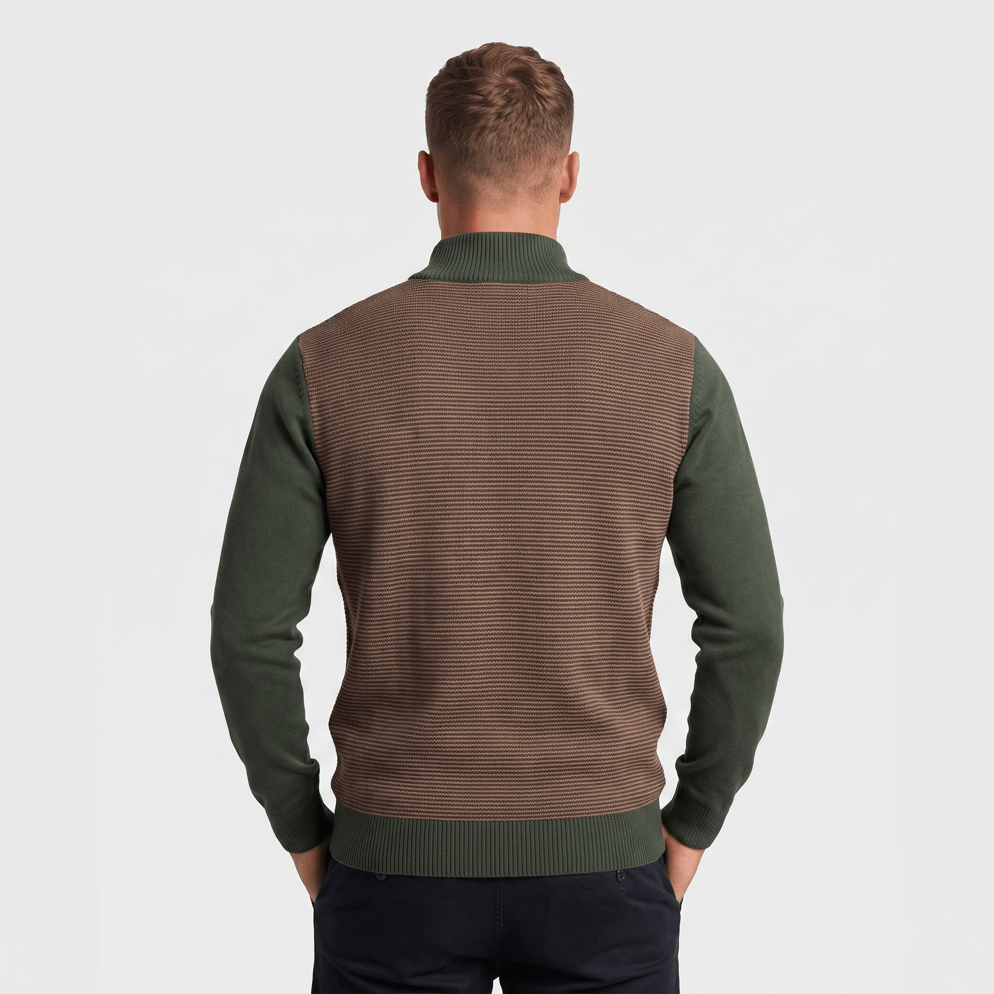 Back view of a men's brown and olive green color block quarter-zip knit sweater with ribbed texture.