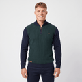 Man wearing a green color block quarter-zip knit sweater with navy sleeves, ribbed texture, stand collar, and long sleeves.