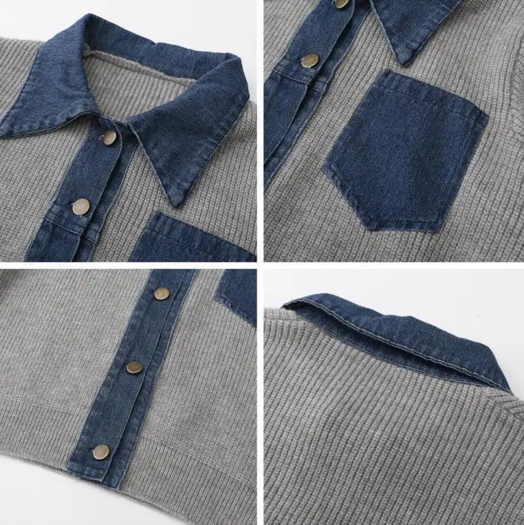 Erin Women’s Polo Sweater – Denim Trim Knit Pullover