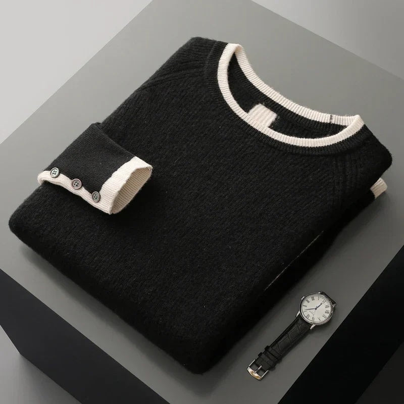 Romano Men’s Knit Sweater – Wool Pullover with Contrast Stripe Detail