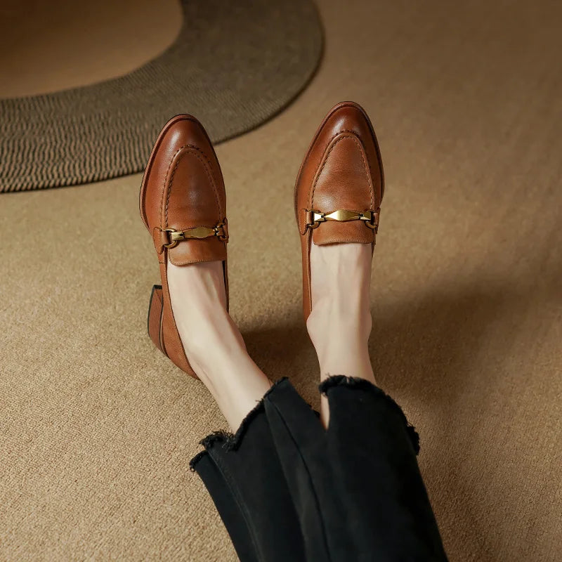 Cristy Women’s Leather Loafers – Heeled Slip-On Dress Shoes with Gold Horsebit Detail