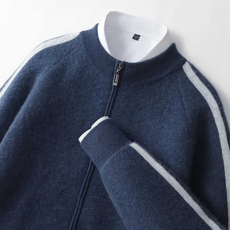 Roosebelt Men’s Wool Cardigan – Pure Wool Knit with Dual-Zip Closure