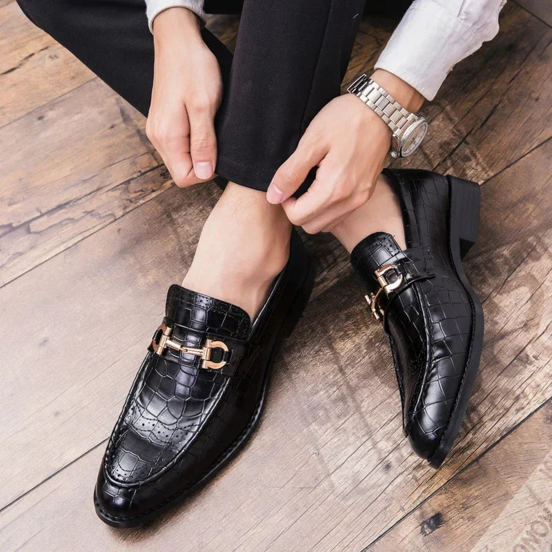 Domenico Genuine Leather Buckle Loafers — Polished Slip-On Casual Dress Shoes