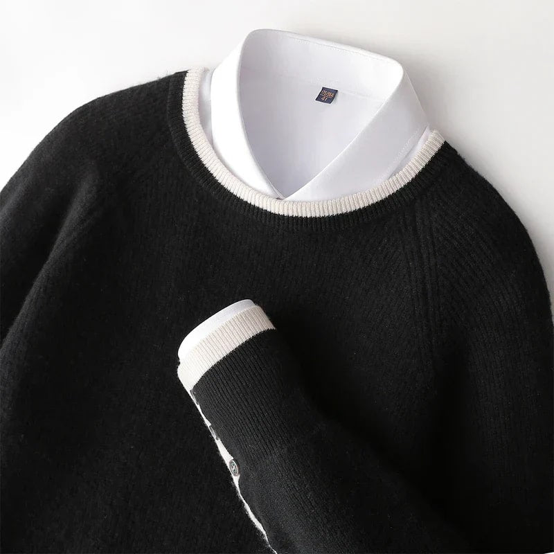Romano Men’s Knit Sweater – Wool Pullover with Contrast Stripe Detail
