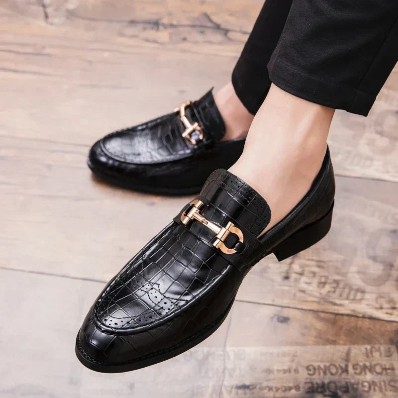 Domenico Genuine Leather Buckle Loafers — Polished Slip-On Casual Dress Shoes