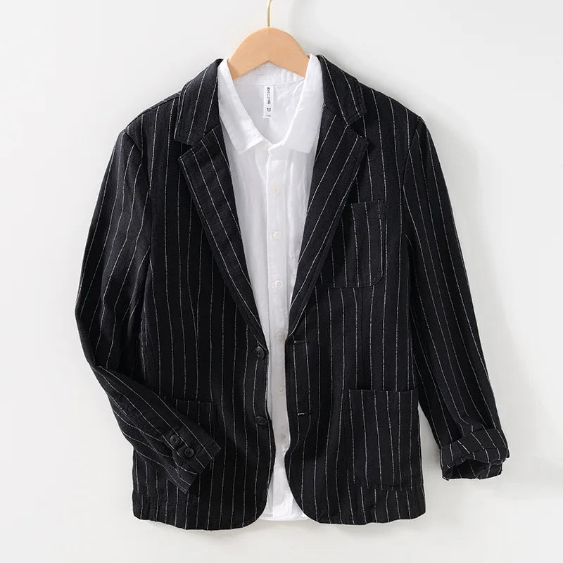 Wesley Men’s Linen Blazer –Organic Pinstripe Jacket with Classic Closure