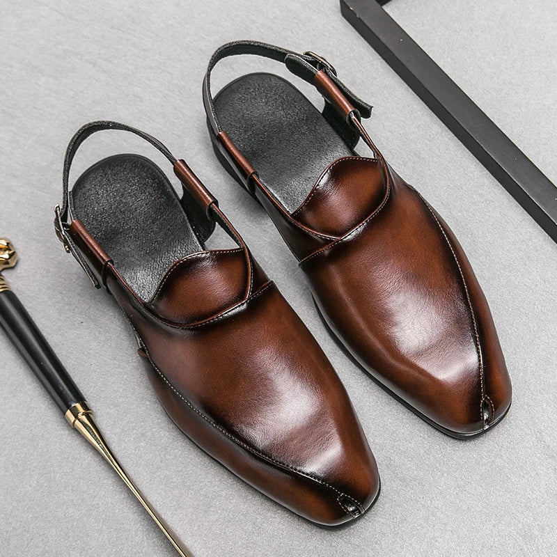 Camden Men’s Leather Loafers – Square-Toe Cutout Design with Slingback Strap