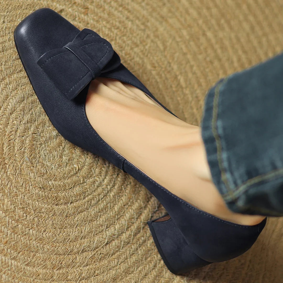 Marigold Women’s Leather Pump Heels – Square Toe Bow Detail Slip-On Shoes