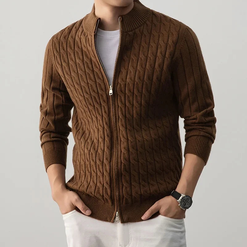 Wyler Men’s Zip-Up Cardigan – Premium Wool Cable Knit Cardigan