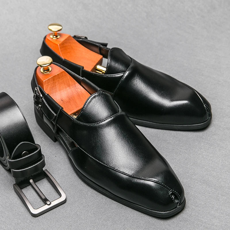 Camden Men’s Leather Loafers – Square-Toe Cutout Design with Slingback Strap