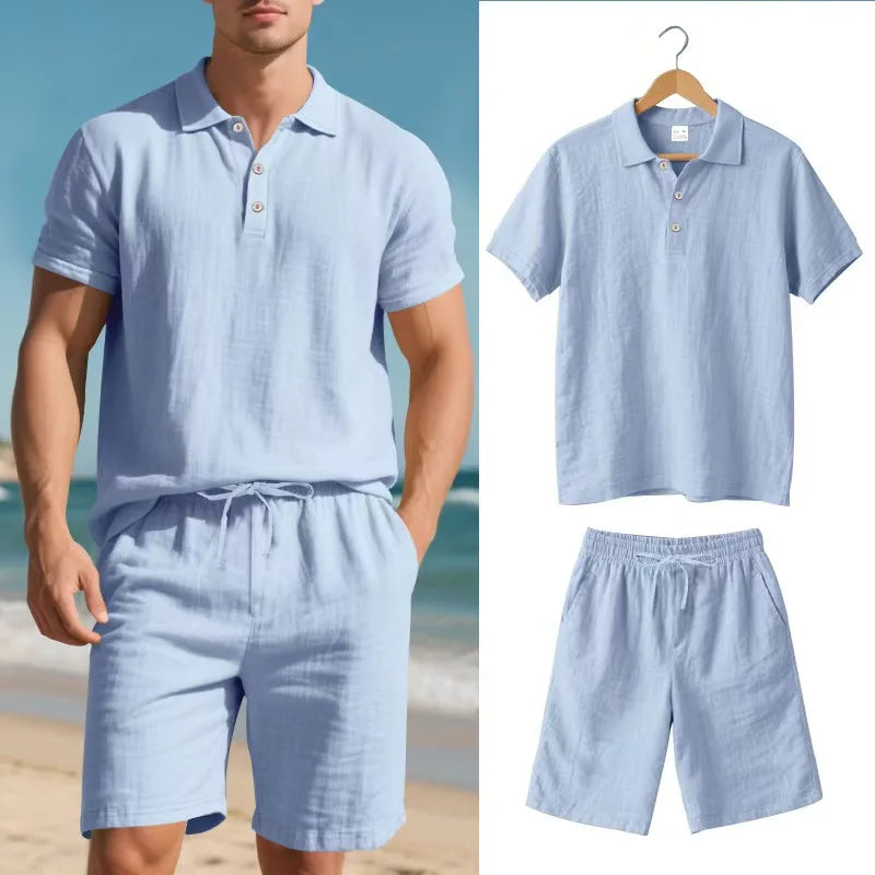 Nico Men’s Linen Set – Two-Piece Lightweight Outfit with Full Button Shirt & Drawstring Shorts
