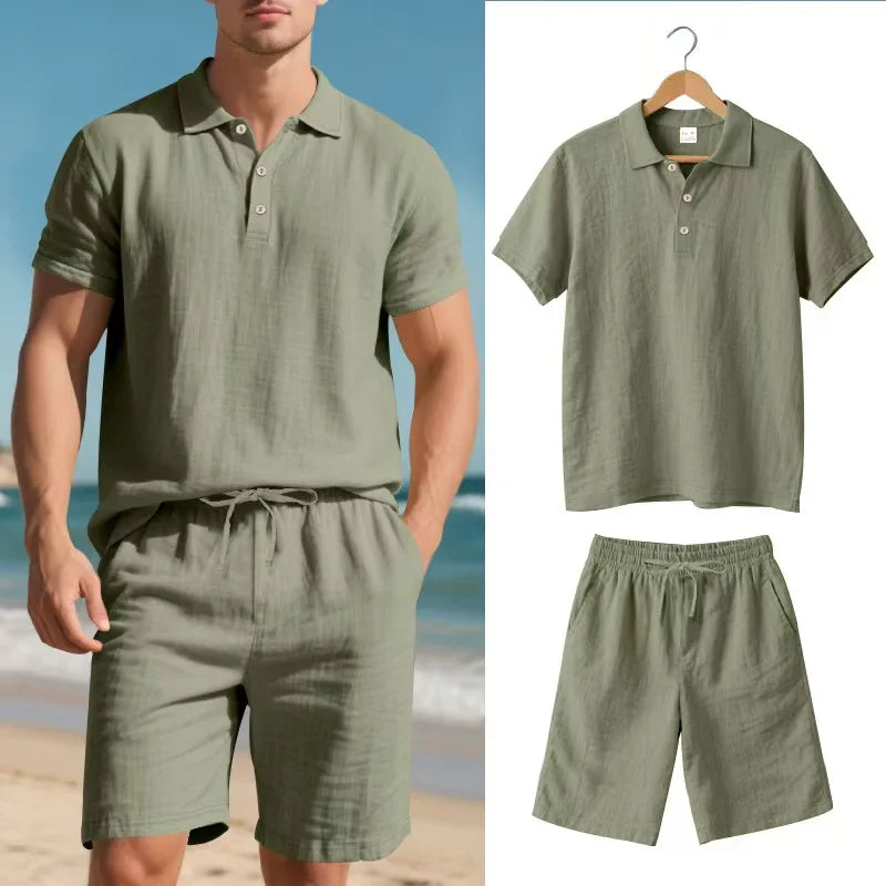 Nico Men’s Linen Set – Two-Piece Lightweight Outfit with Full Button Shirt & Drawstring Shorts