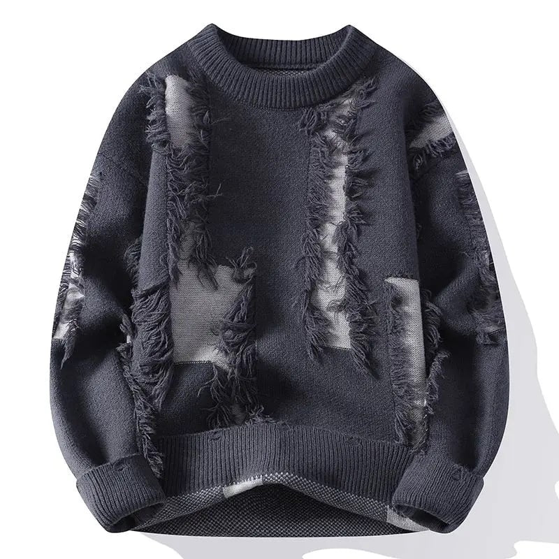 Aiden Distressed Men’s Sweater – Textured Knit Pullover with Edgy Frayed Detailing