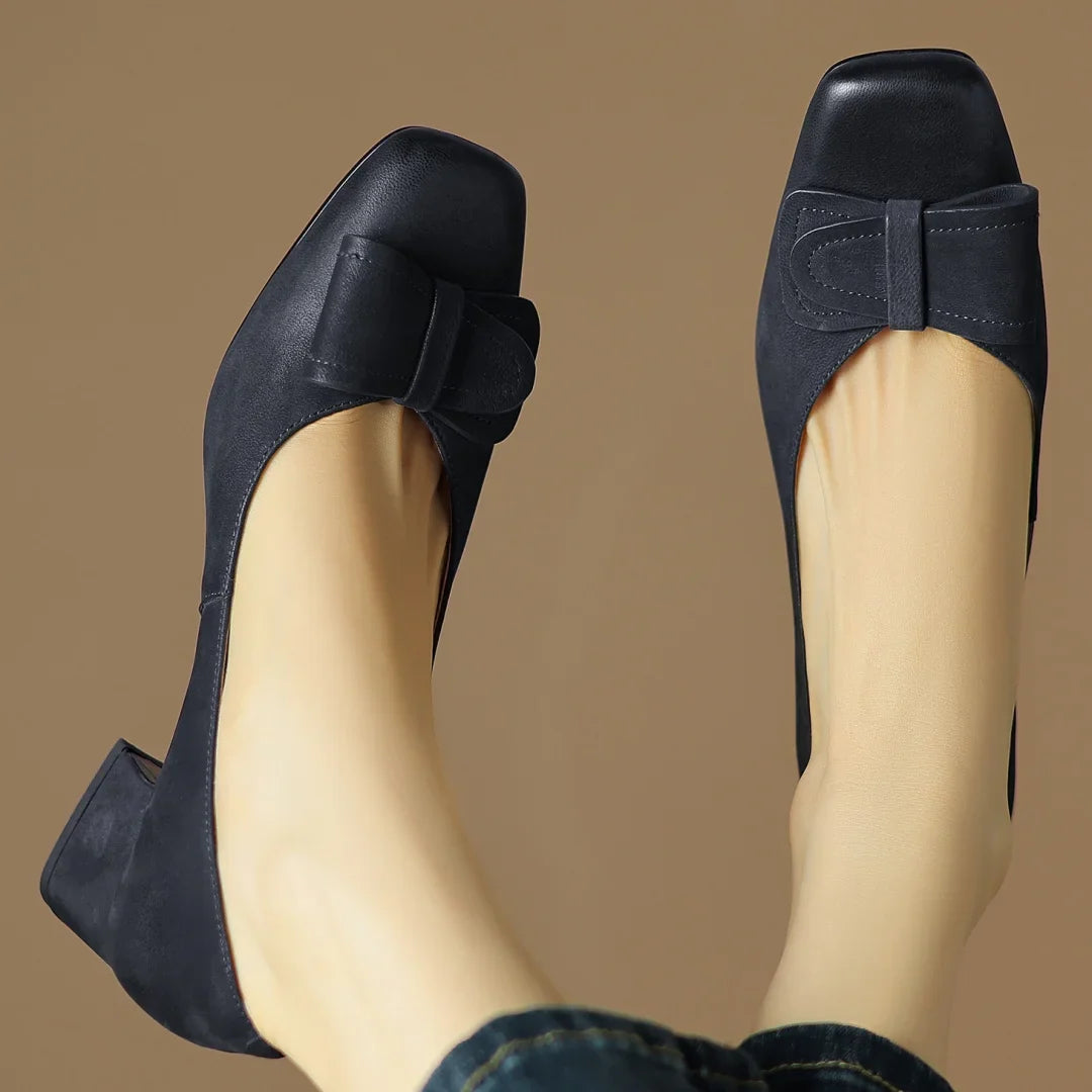 Marigold Women’s Leather Pump Heels – Square Toe Bow Detail Slip-On Shoes