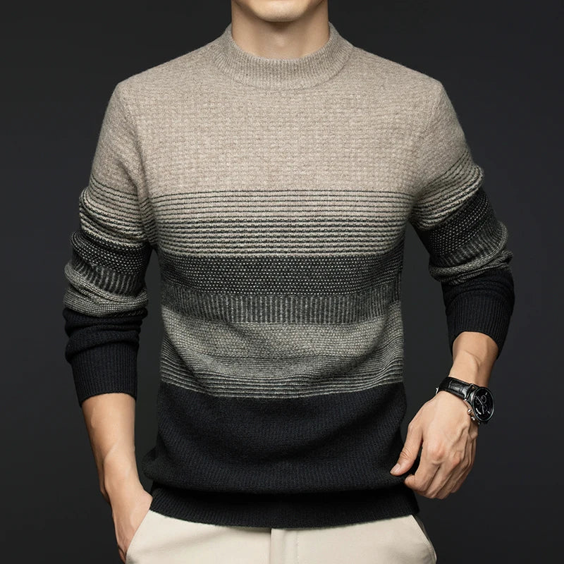 Aspen Men’s Wool Sweater – Pure Wool with Gradient Stripe Design
