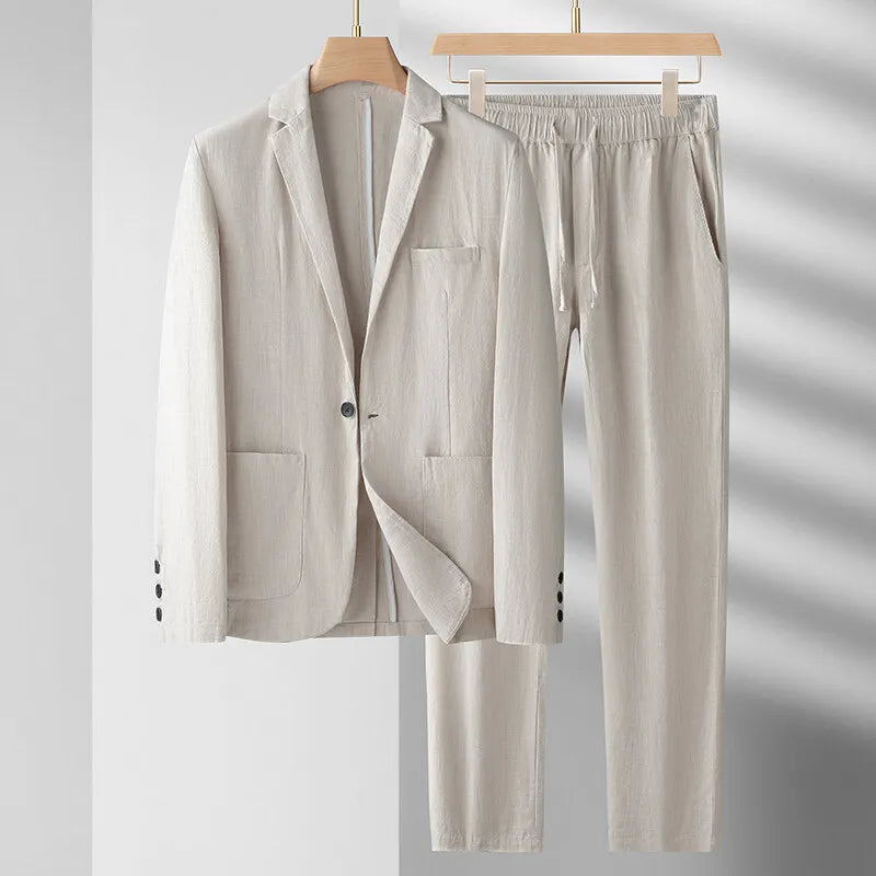 Newbert Men’s Linen Suit Set – Lightweight Two-Piece with Button-Up Shirt & Relaxed Trousers