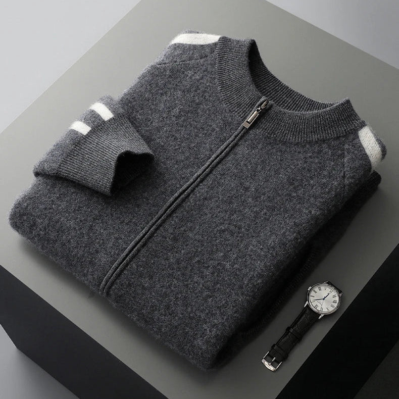 Roosebelt Men’s Wool Cardigan – Pure Wool Knit with Dual-Zip Closure