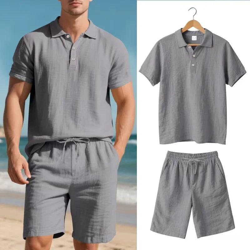 Nico Men’s Linen Set – Two-Piece Lightweight Outfit with Full Button Shirt & Drawstring Shorts