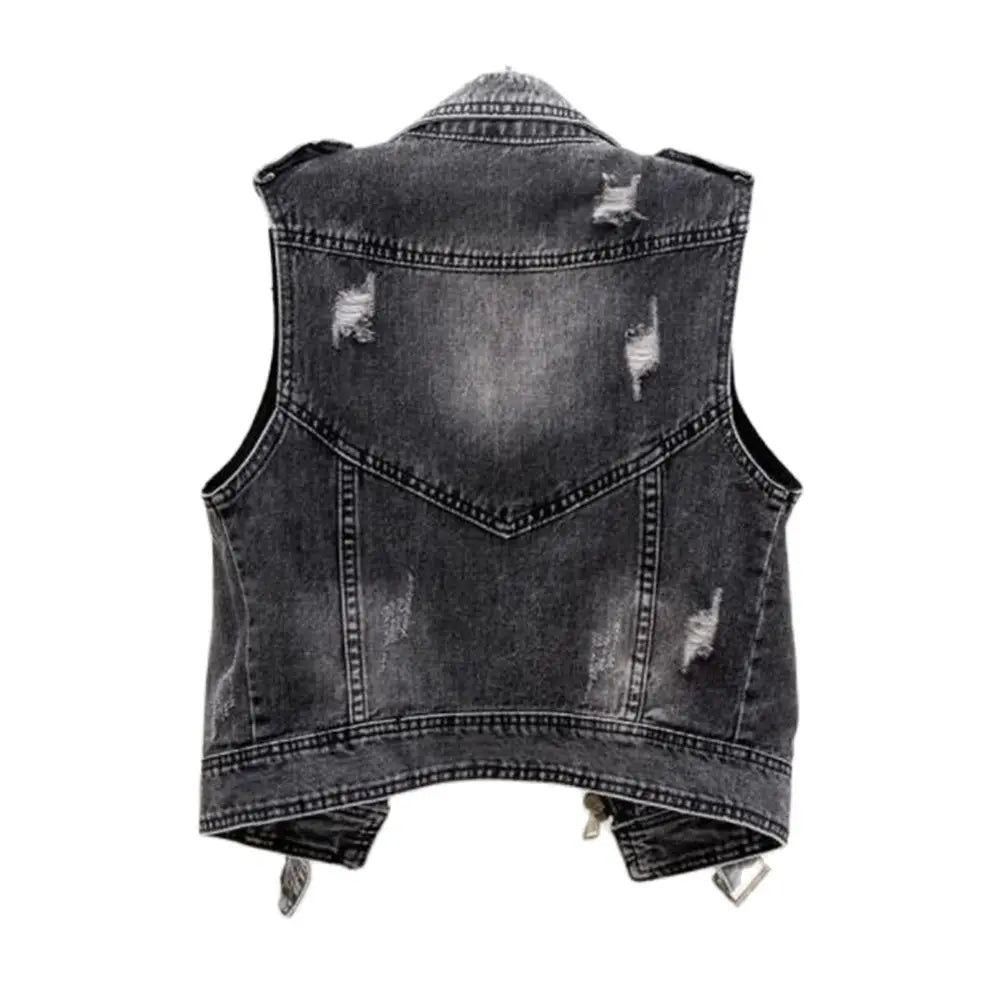 Elara Women’s Denim Vest – Washed Gray Moto Style with Zipper Details