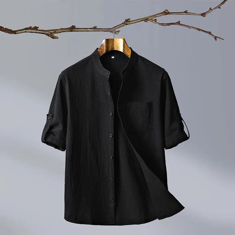 Ethan Relaxed Cotton Mandarin Collar Shirt – Soft Stretch Casual Shirt