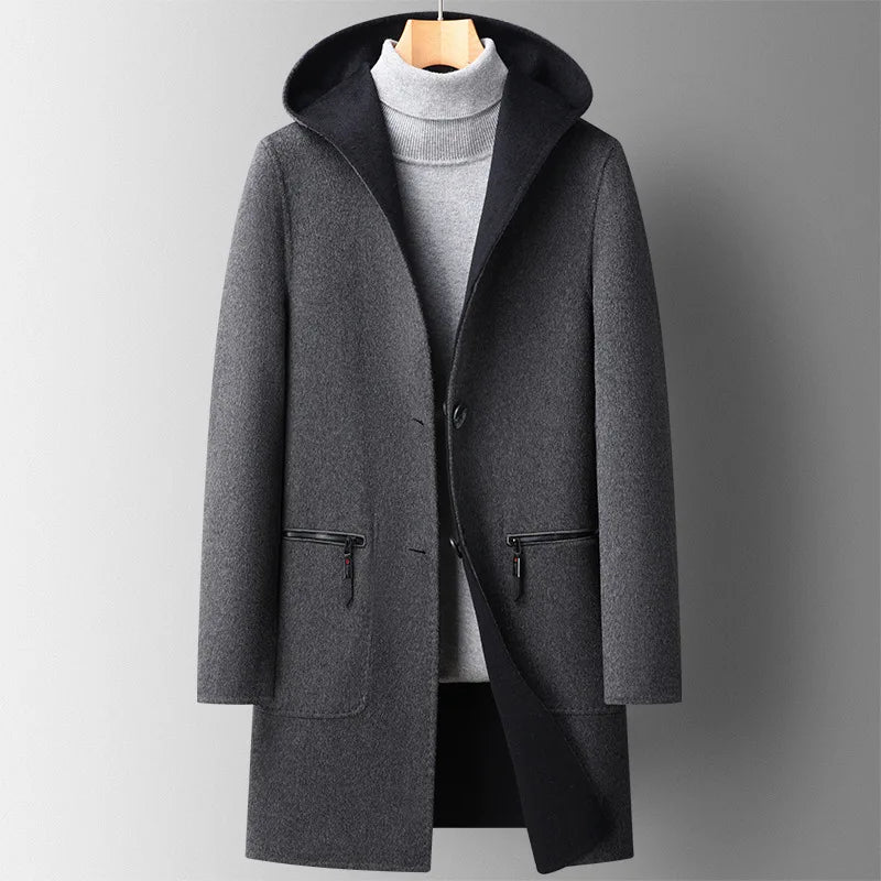 Rendon Men’s Wool Hooded Overcoat – Tailored Mid-Thigh Coat