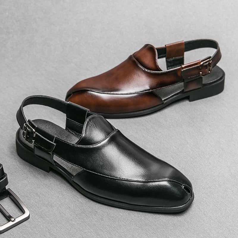 Camden Men’s Leather Loafers – Square-Toe Cutout Design with Slingback Strap