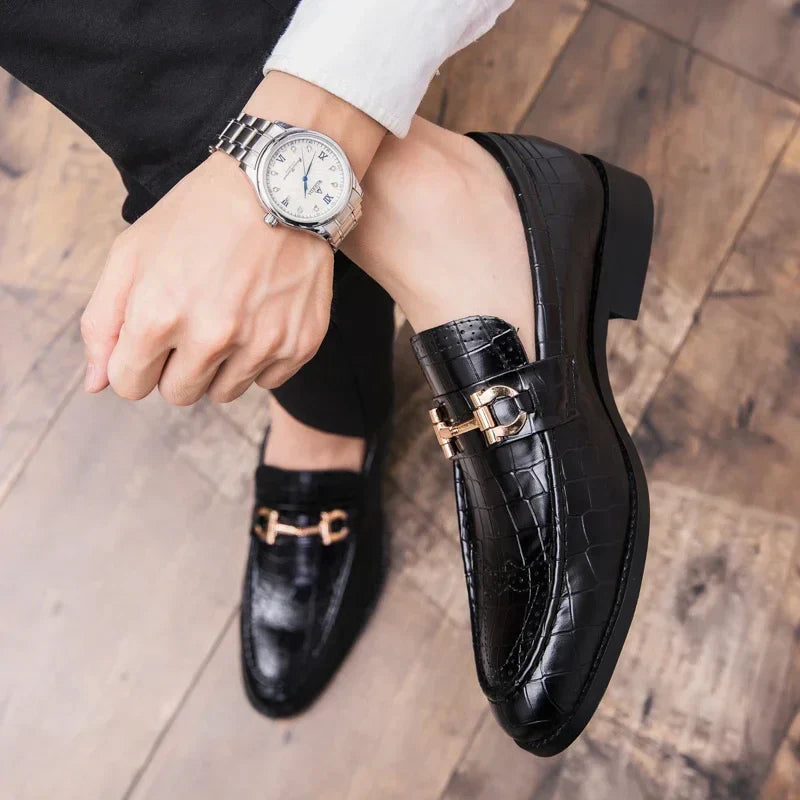Domenico Genuine Leather Buckle Loafers — Polished Slip-On Casual Dress Shoes