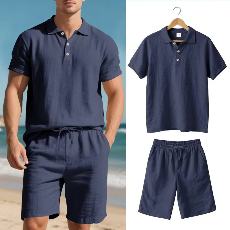 Nico Men’s Linen Set – Two-Piece Lightweight Outfit with Full Button Shirt & Drawstring Shorts