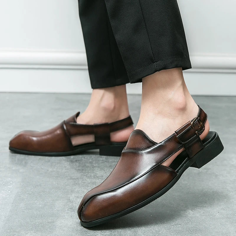 Camden Men’s Leather Loafers – Square-Toe Cutout Design with Slingback Strap