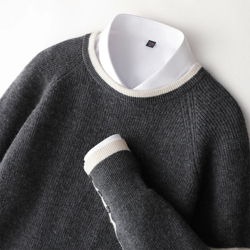 Romano Men’s Knit Sweater – Wool Pullover with Contrast Stripe Detail