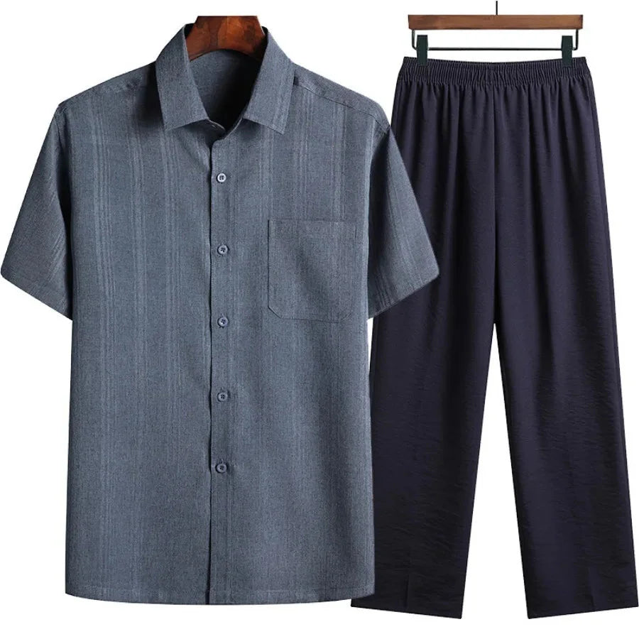 Marty Men’s Linen Two Piece Set – Lightweight Co-Ord with Button-Up Shirt & Elastic Waist Pants